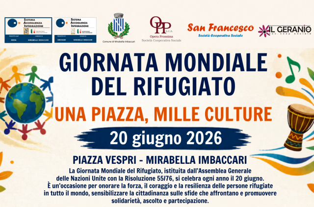 Mirabella Imbaccari celebra la Giornata Mondiale del Rifugiato 2026, sabato 20 giugno, con l’iniziativa “Una piazza, mille culture”